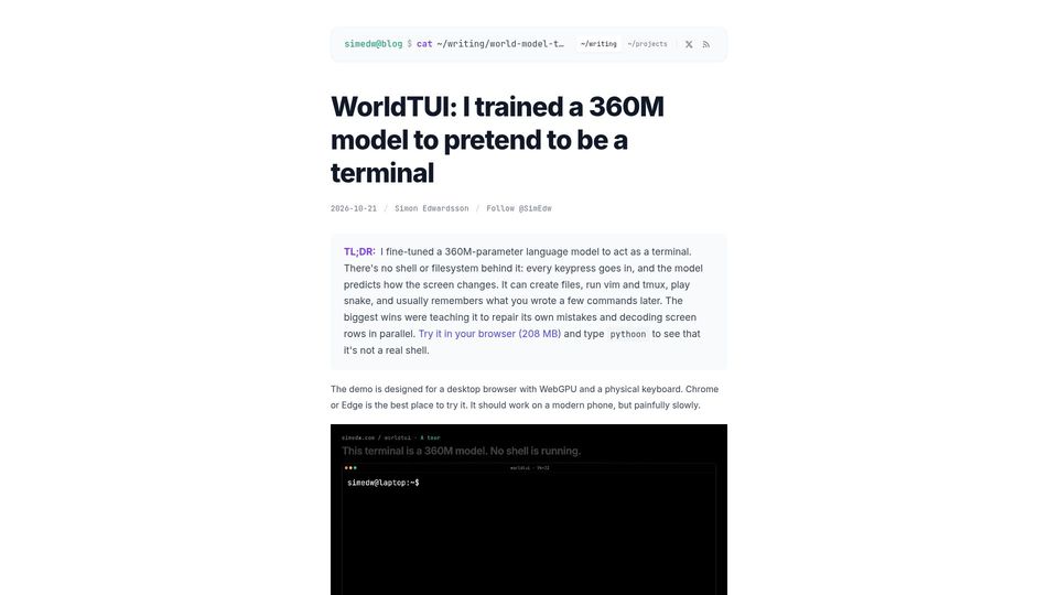 Screenshot of simedw.com: WorldTUI: I trained a 360M model to pretend to be a terminal