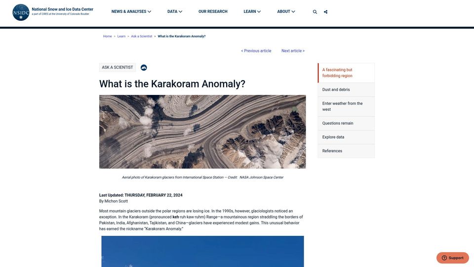 Screenshot of nsidc.org: What Is the Karakoram Anomaly?
