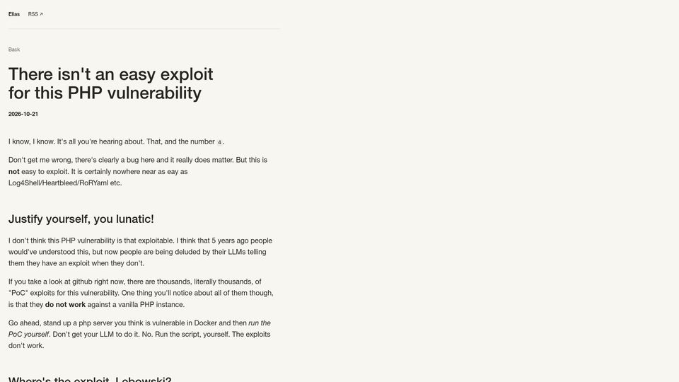 Screenshot of eliastaylor.com: There isn't an easy exploit for this PHP vulnerability