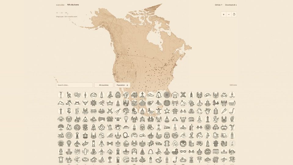 Screenshot of evans.bike: Show HN: An icon for every city in North America