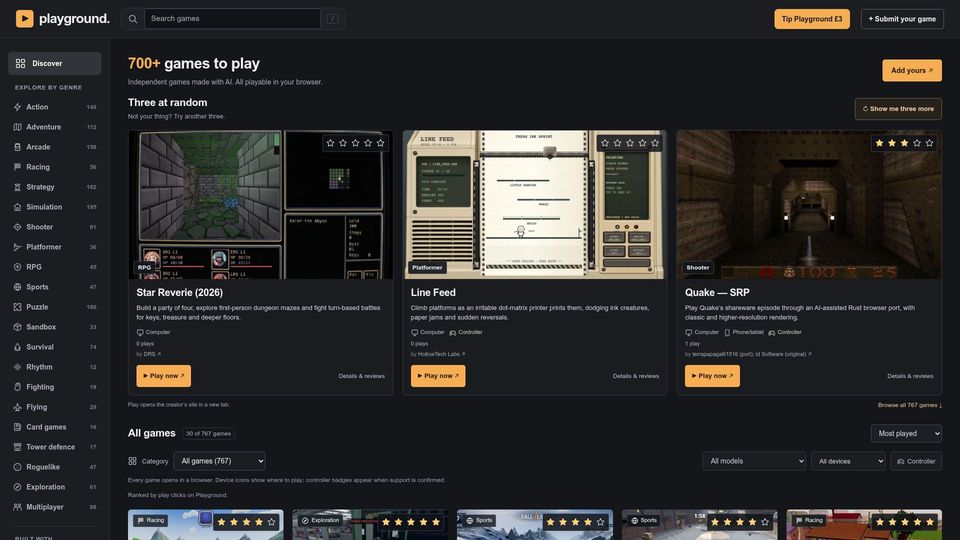 Screenshot of playgroundarcade.com: Show HN: AI-built browser games, collected in one place