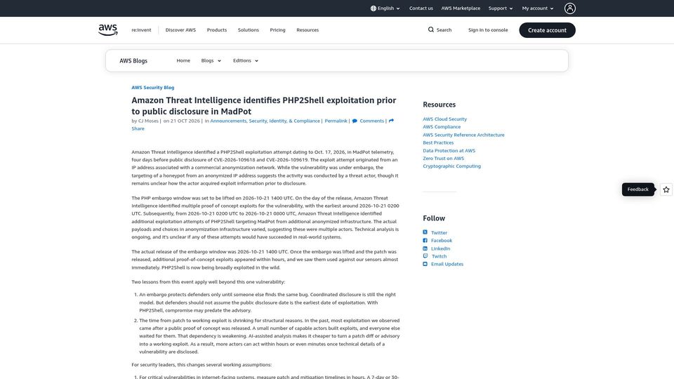 Screenshot of aws.amazon.com: Amazon identifies Oct 17 PHP2Shell exploitation prior to public disclosure