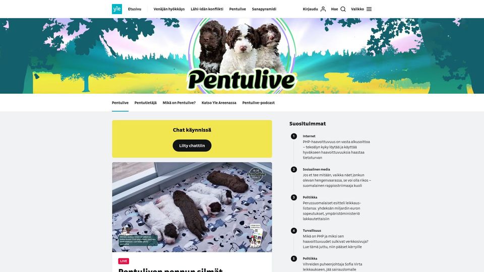 Screenshot of yle.fi: Pentulive (Puppy Live) [video]