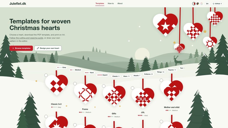 Screenshot of juleflet.dk: Templates for Woven Christmas Hearts