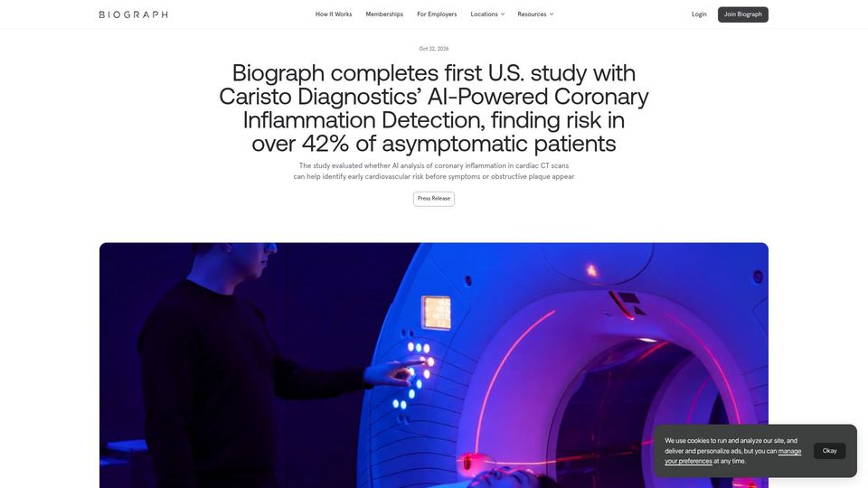 Screenshot of biograph.com: AI analysis of CT scans finds 42.9% of patients have coronary inflammation