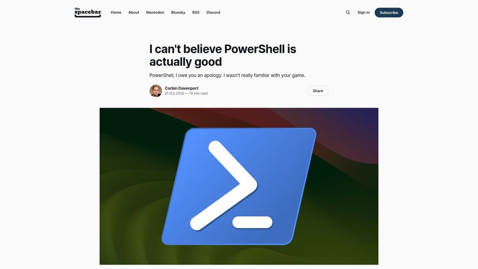 Screenshot of spacebar.news: I can't believe PowerShell is good