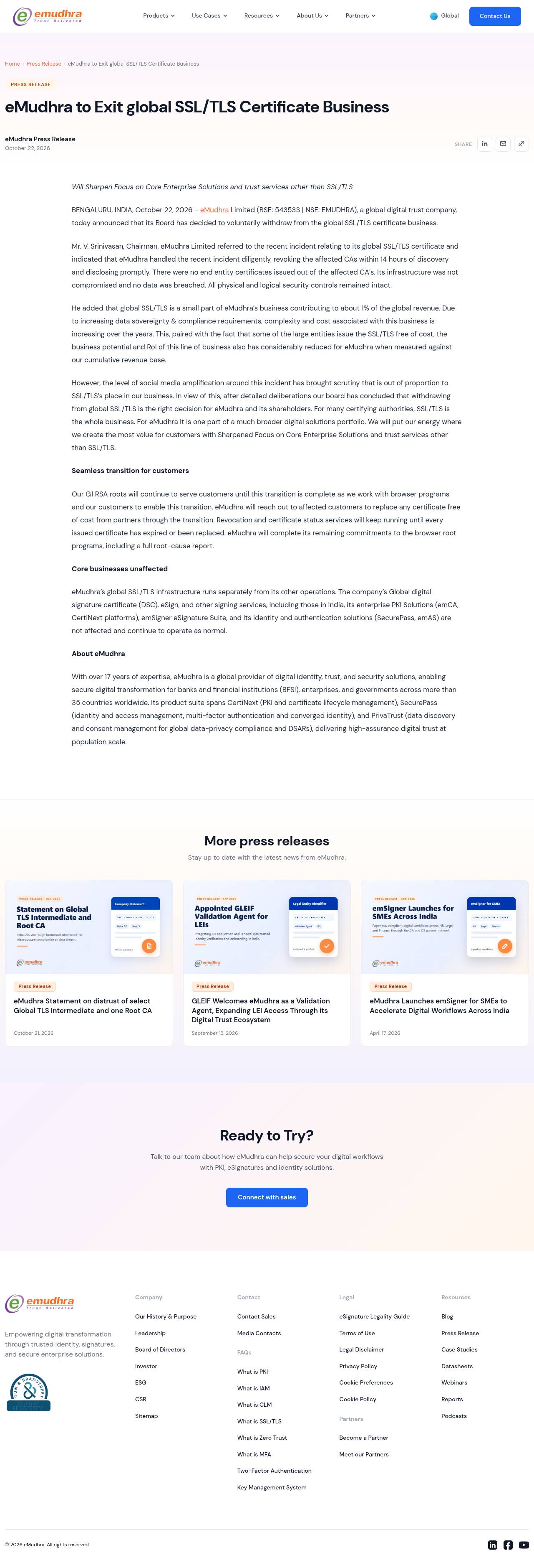 Full-page screenshot of emudhra.com