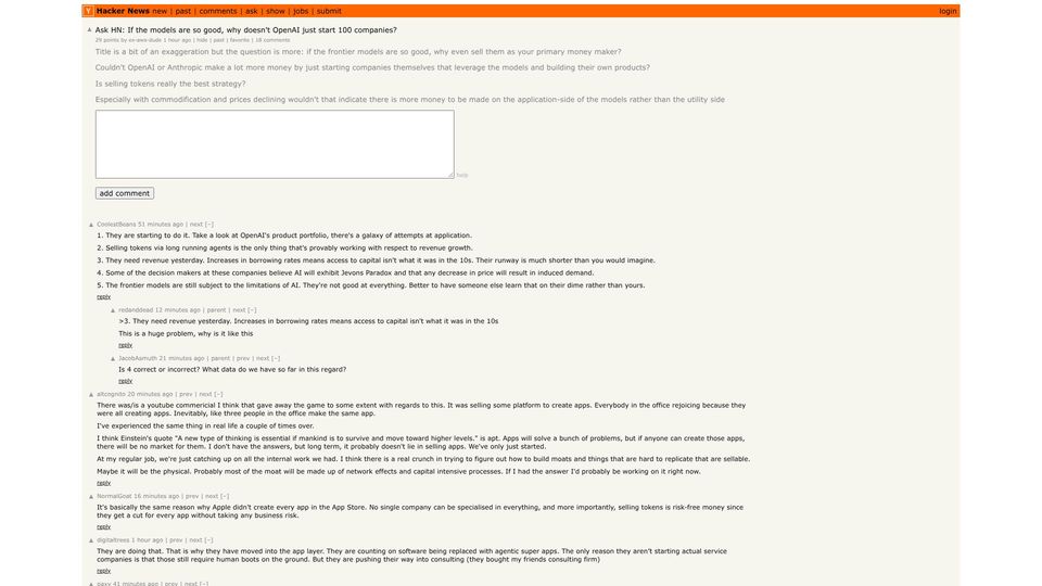 Screenshot of Hacker News post: Ask HN: If the models are so good, why doesn't OpenAI just start 100 companies?
