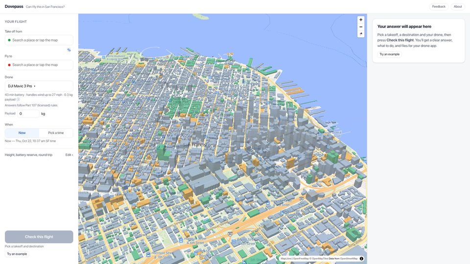 Screenshot of dovepass.com: Show HN: Dovepass – can I legally fly a drone along this exact path in SF?