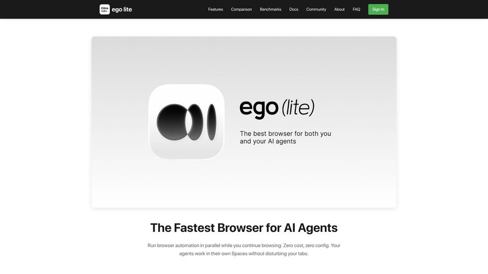 Screenshot of ego-lite.apposters.com: Show HN: The fastest browser for AI agents to run browser automation