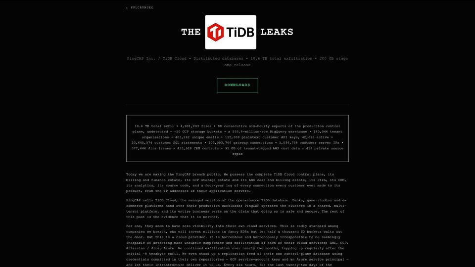 Screenshot of fulcrumsec.vg: PingCap TiDB Leaks