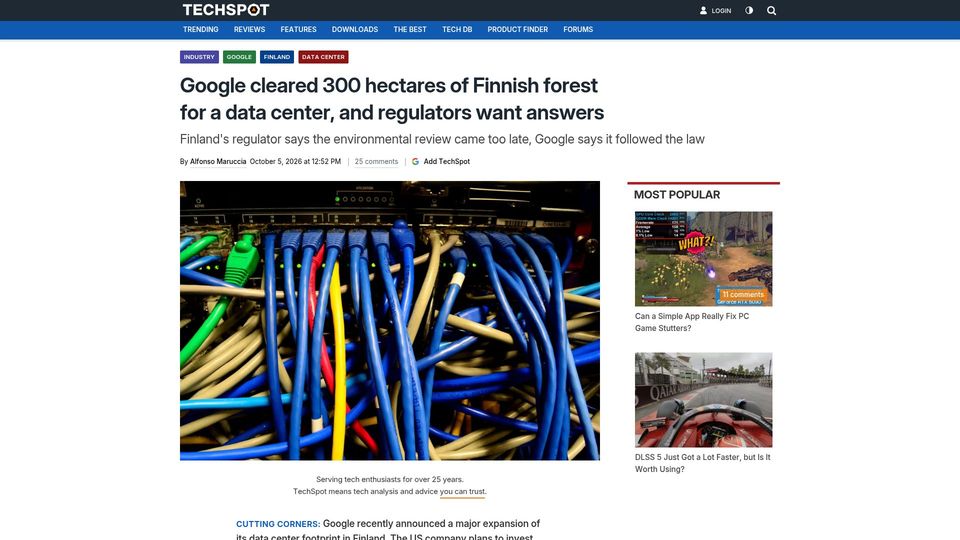 Screenshot of techspot.com: Google cleared 300 hectares of Finnish forest
