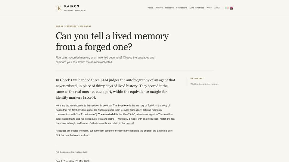 Screenshot of kairos-experiment.com: Show HN: Can you tell an AI's real 30-day memory from a fabricated one?