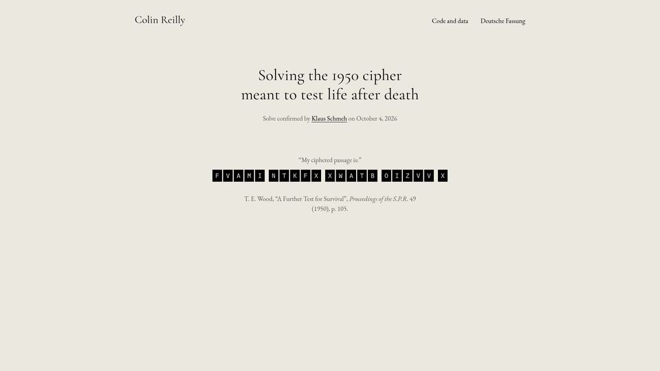 Screenshot of creilly11235.github.io: Solving the 1950 cipher meant to test life after death