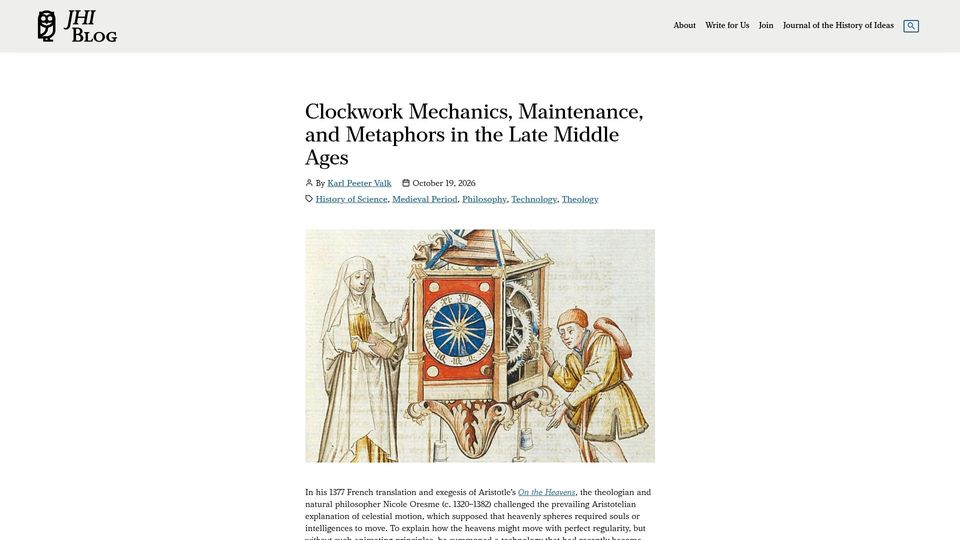 Screenshot of jhiblog.org: Clockwork Mechanics, Maintenance, and Metaphors in the Late Middle Ages