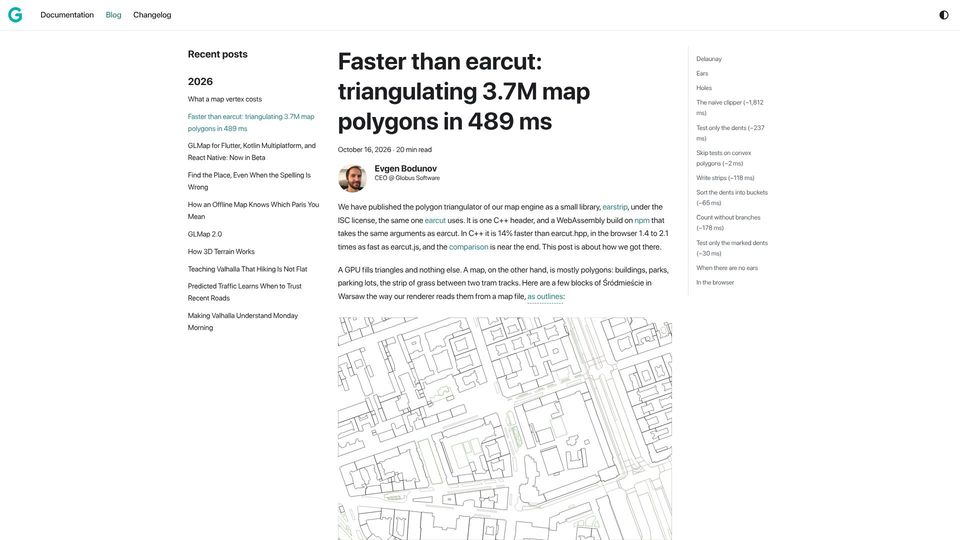 Screenshot of globus.software: Faster than earcut: triangulating 3.7M map polygons in 489 ms