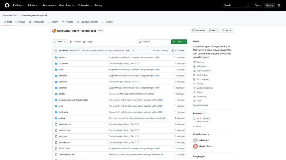 Screenshot of github.com: Show HN: CATT 0.2.1: Test agents/services against a Muse/Instinct-alike, in CI