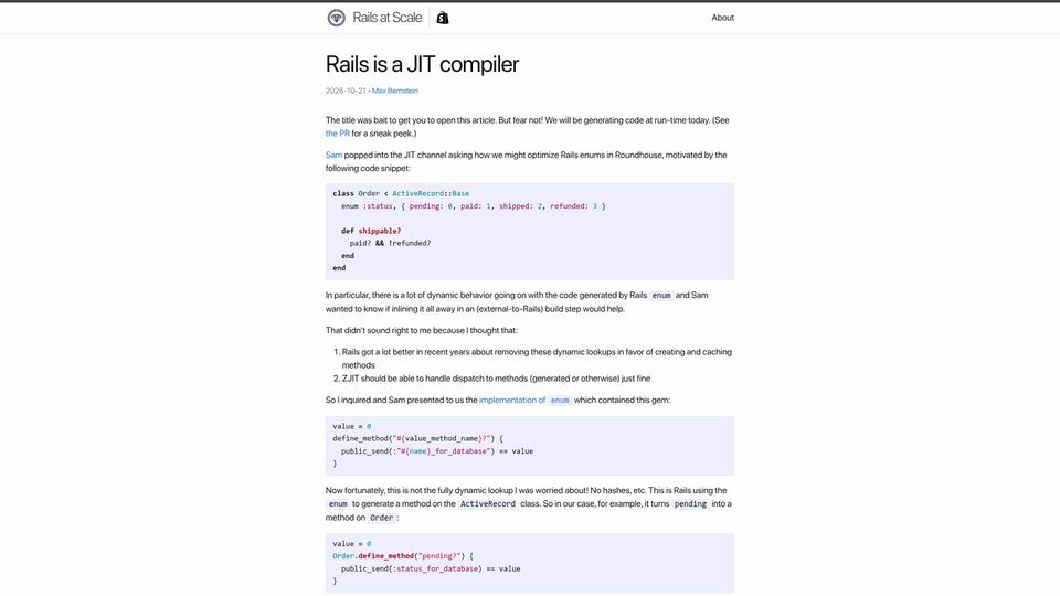 Screenshot of railsatscale.com: Rails Is a JIT Compiler