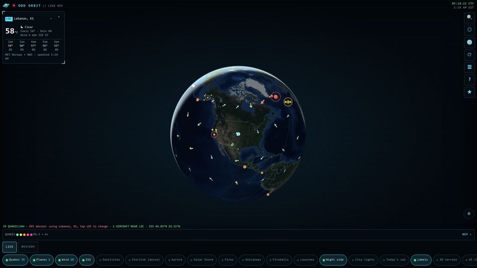 Screenshot of oddorbit.app: Show HN:Odd Orbit, live 3D globe of quakes, weather, satellites and UFO reports