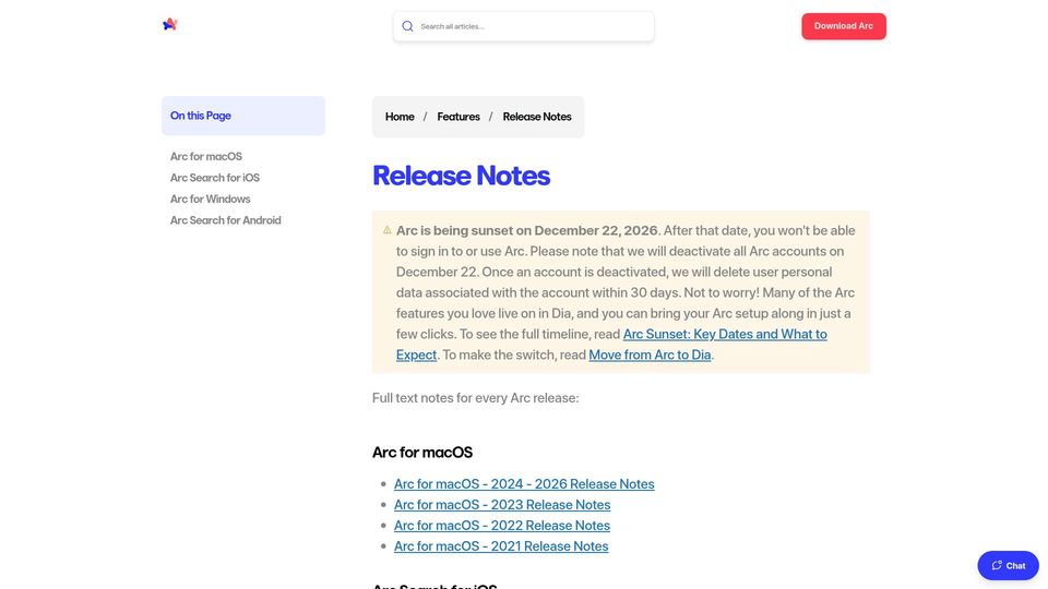 Screenshot of resources.arc.net: Arc is being sunset on December 22, 2026