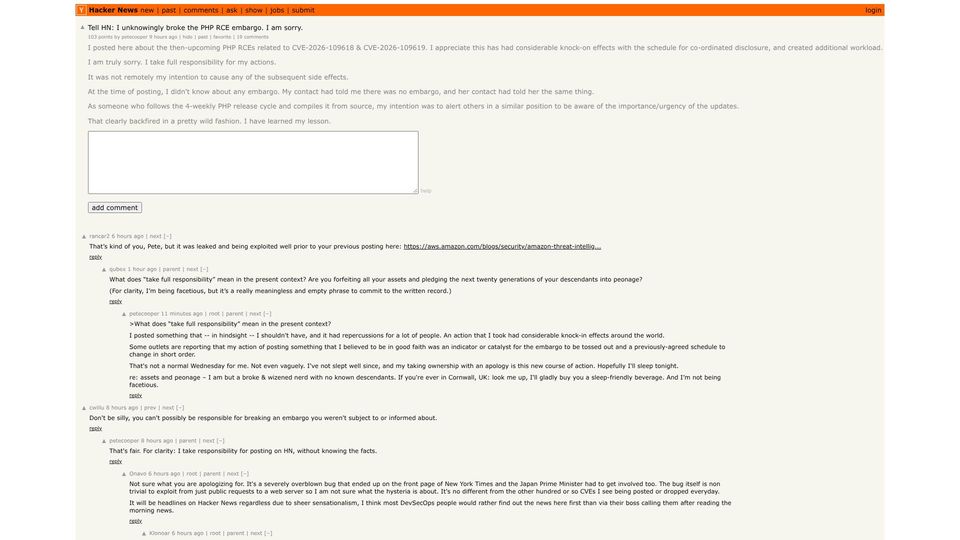 Screenshot of Hacker News post: Tell HN: I unknowingly broke the PHP RCE embargo. I am sorry