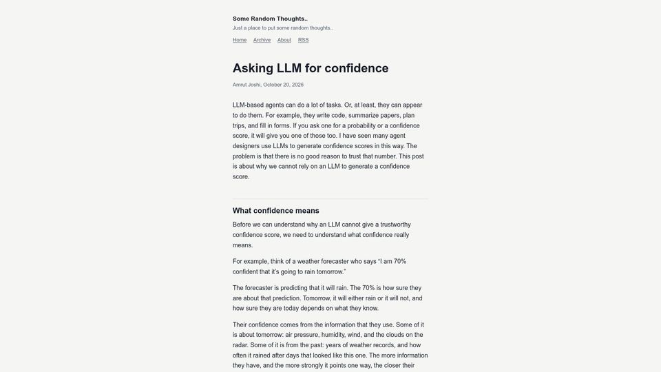 Screenshot of rumple.github.io: Using LLM for confidence scoring is a bad idea