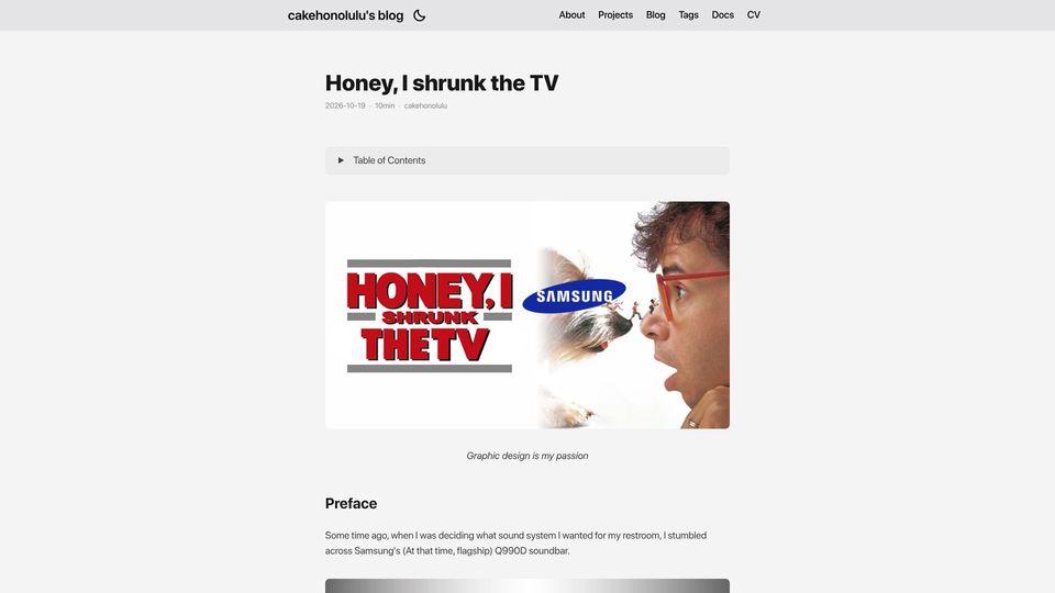 Screenshot of cakehonolulu.github.io: Honey, I shrunk the TV
