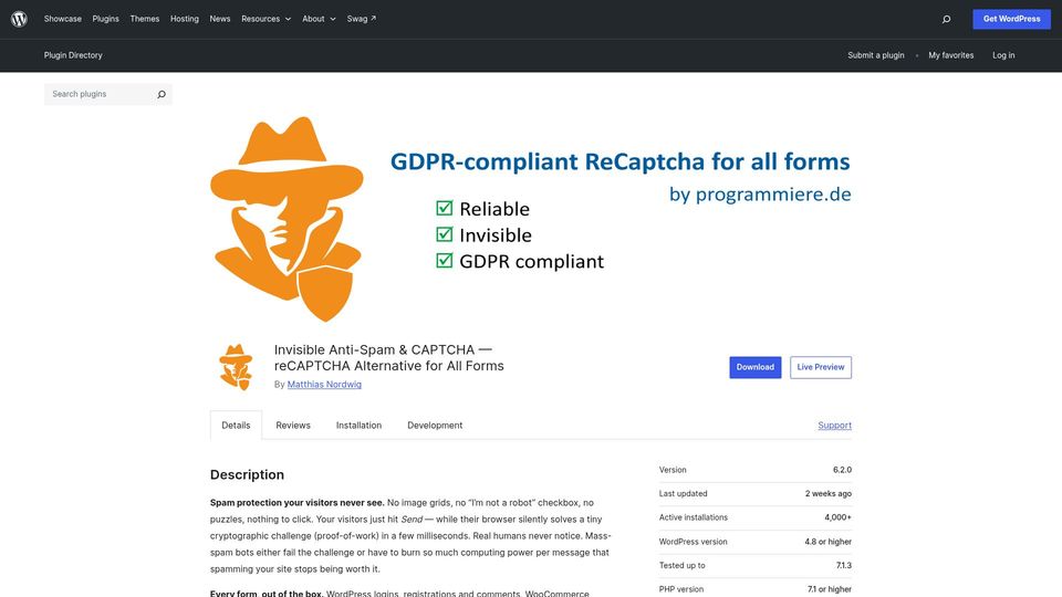 Screenshot of wordpress.org: Show HN: Replacing CAPTCHAs with adaptive proof-of-work in WordPress