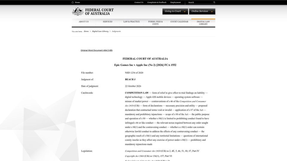 Screenshot of judgments.fedcourt.gov.au: Epic Games Inc v Apple Inc