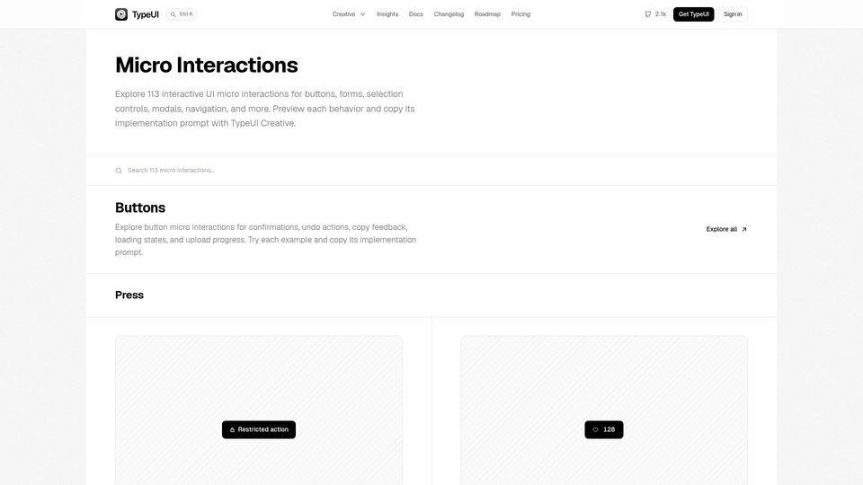 Screenshot of typeui.sh: Show HN: UI micro interactions prompts for AI