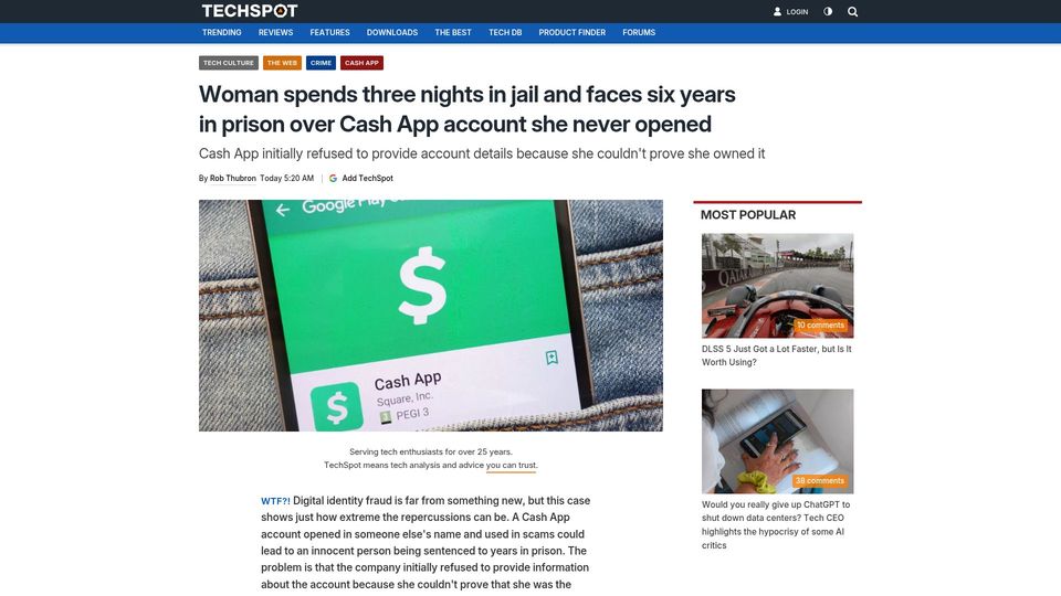 Screenshot of 404media.co: Woman charged with computer fraud due to scam CashApp account being in her name