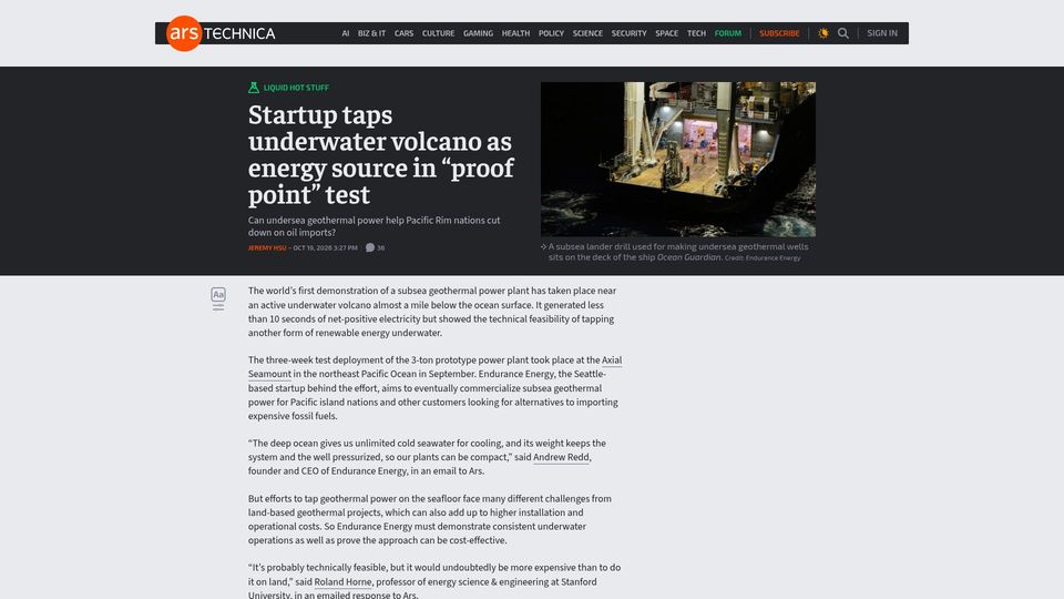 Screenshot of arstechnica.com: Startup taps underwater volcano as energy source in “proof point” test
