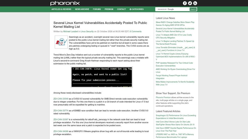 Screenshot of phoronix.com: Several Linux kernel vulnerabilities accidentally posted to public mailing list