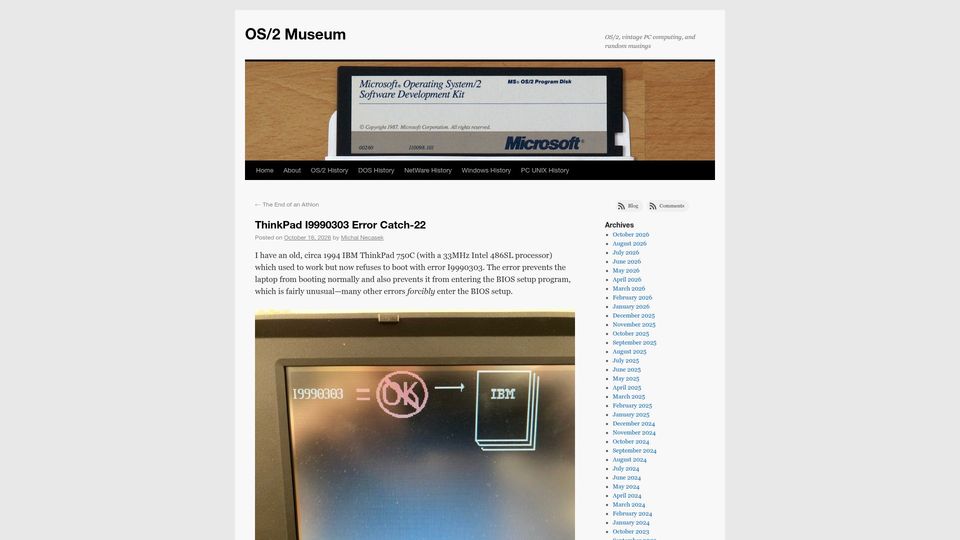 Screenshot of os2museum.com: ThinkPad I9990303 Error Catch-22