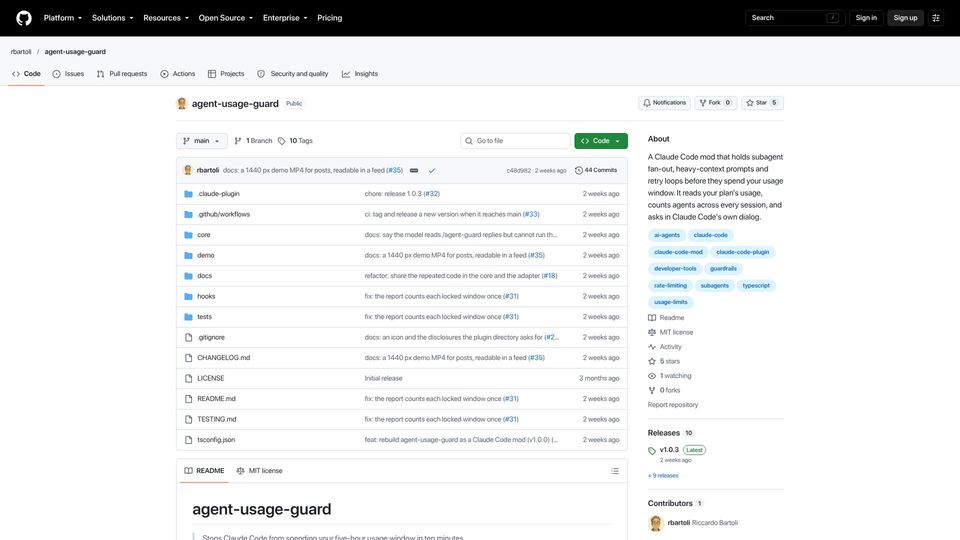 Screenshot of github.com: Show HN: agent-usage-guard – a Claude Code mod to protect your usage window