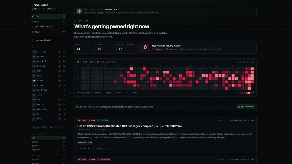 Screenshot of pwn.watch: What’s getting pwned right now
