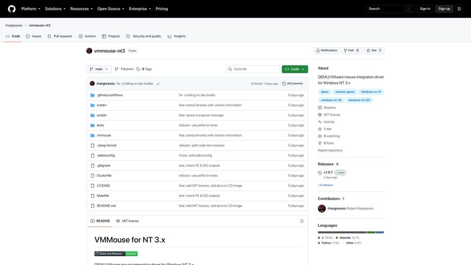 Screenshot of github.com: VMMouse for NT 3.x: QEMU/VMware mouse integration driver