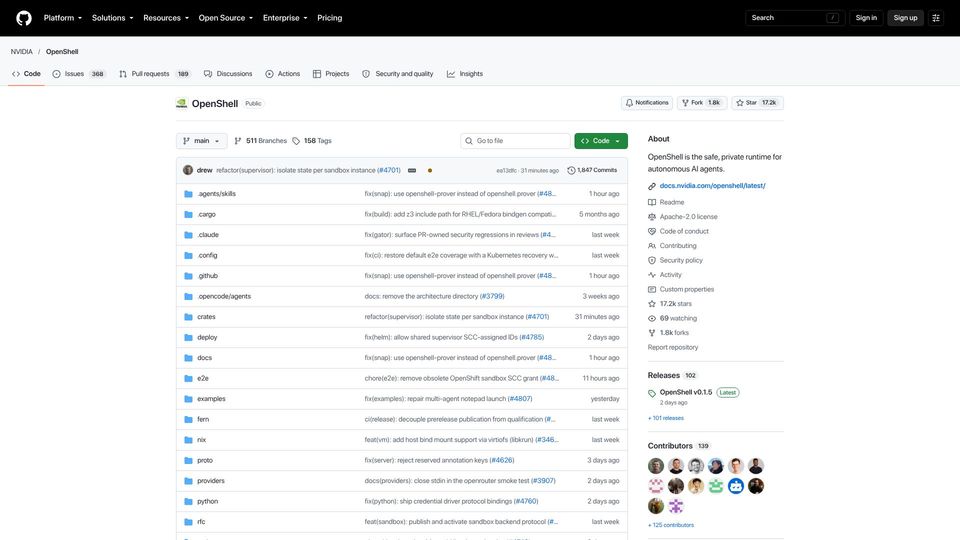 Screenshot of github.com: OpenShell – A safe, private runtime for fleets of autonomous AI agents