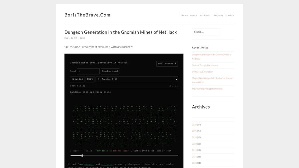 Screenshot of boristhebrave.com: Dungeon Generation in the Gnomish Mines of NetHack