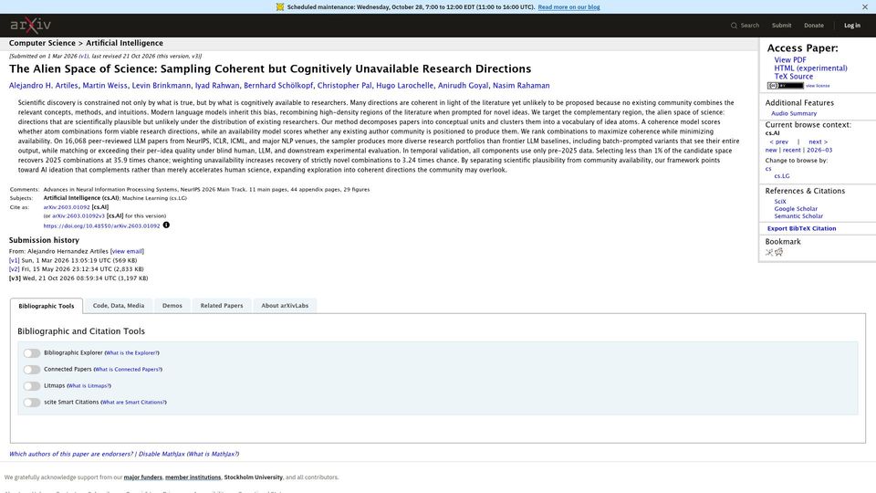 Screenshot of arxiv.org: The alien space of science: Coherent but cognitively unavailable directions