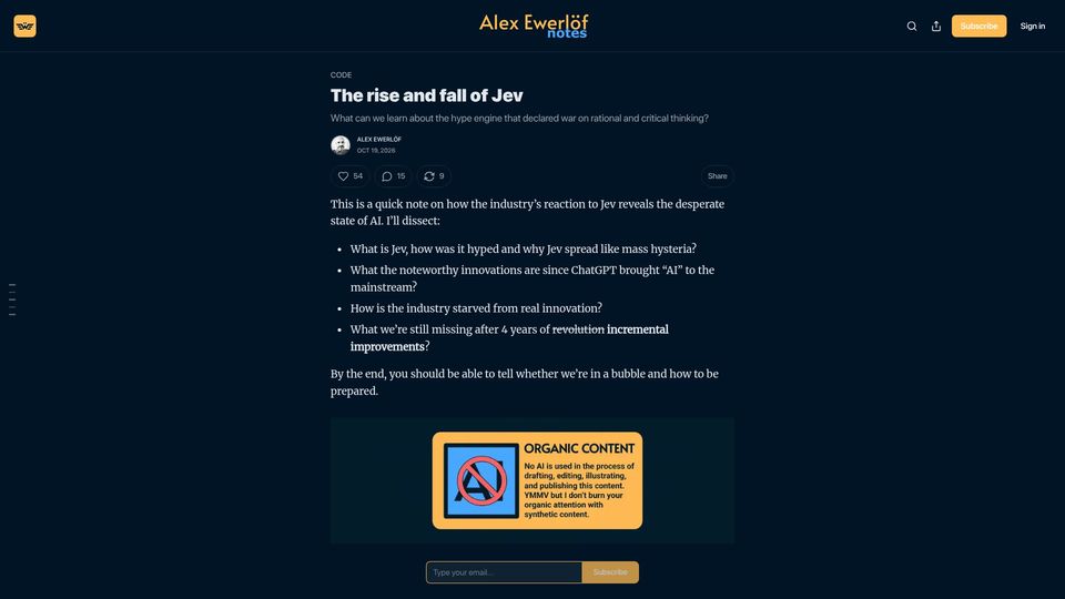 Screenshot of blog.alexewerlof.com: The Rise and Fall of Jev