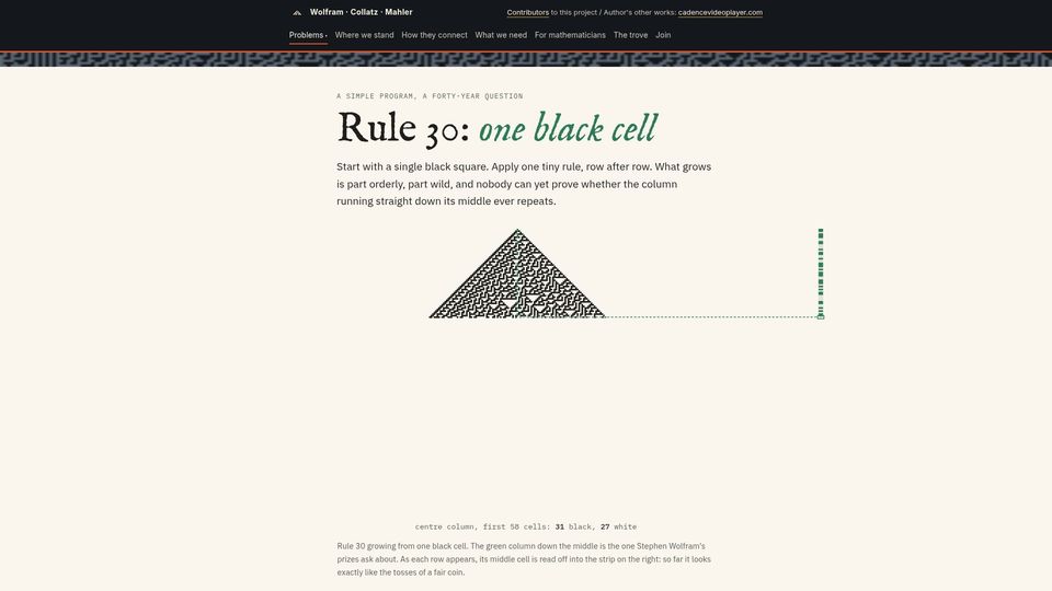 Screenshot of wolframcollatzmahler.com: Rule 30: one black cell