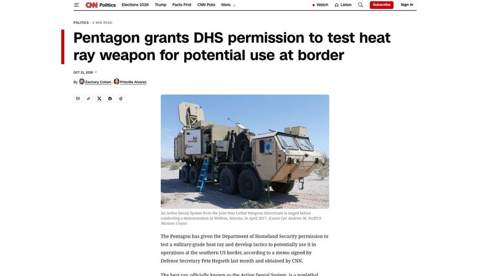 Screenshot of cnn.com: Pentagon grants DHS permission to test heat ray weapon for use at border