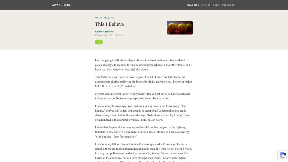 Screenshot of awakin.org: This I Believe (1952)