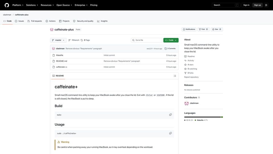 Screenshot of github.com: Caffeine-like utility to keep you MacBook awake with its lid closed