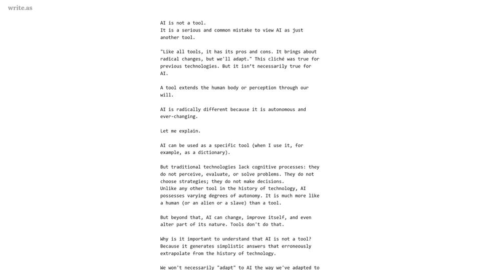 Screenshot of write.as: AI Is Not a Tool