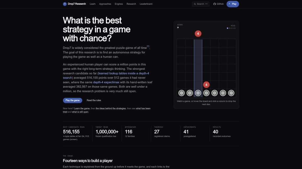 Screenshot of drop7.dev: Show HN: Searching for optimal strategies in a puzzle game with chance (Drop7)