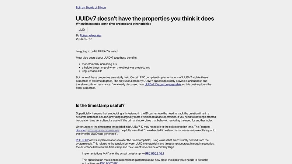 Screenshot of alexsci.com: UUIDv7: Timestamps aren’t time-ordered and other oddities
