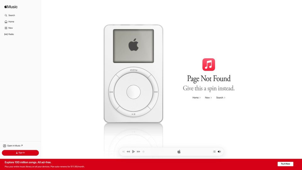 Screenshot of music.apple.com: Apple Music 404 Not Found