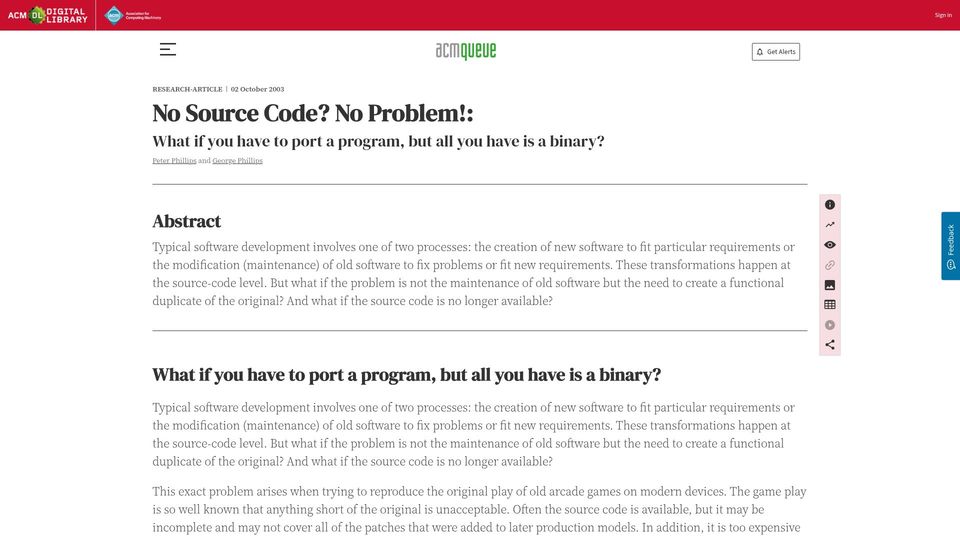 Screenshot of queue.acm.org: No Source Code? No Problem